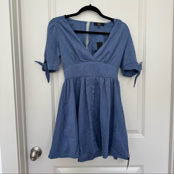 NWT Lulus Absolutely Sweet Blue Button-Up Short Sleeve Mini Dress - Picture 5 of 6